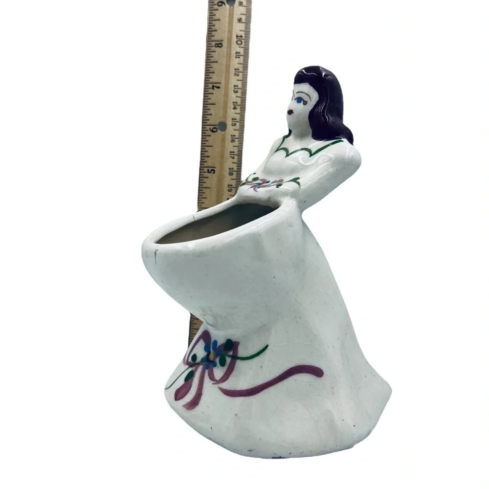 Vintage Lady Planter Brunette Hand-Painted Ceramic Retro Kitsch Crazing